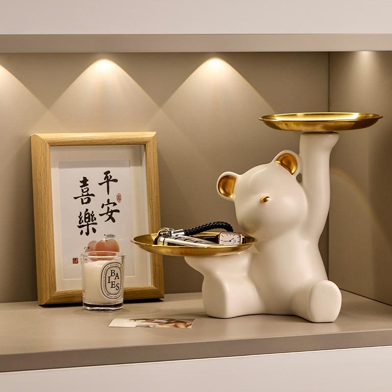 Adorable Bear Double Tray Statue Cute Holder for Jewelry Keys Desk Organizer with Dual Trays Charming Home & Office Decor Gift