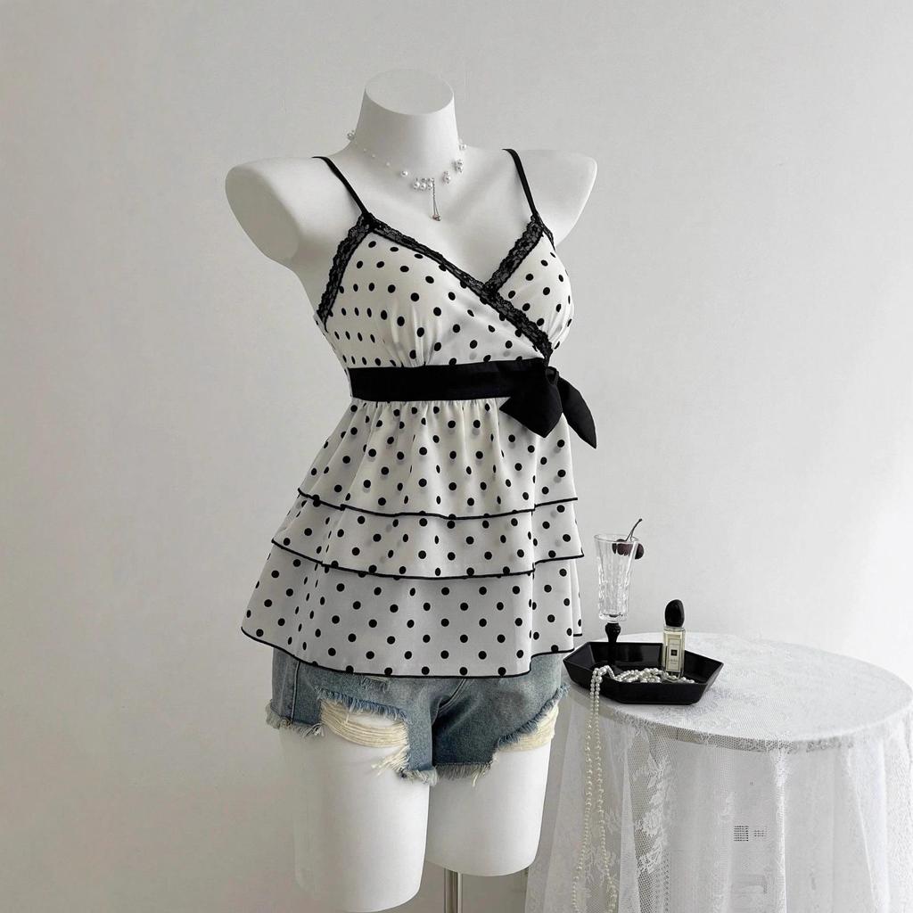 Women's Black & White Polka Dot Spaghetti Strap Lace Tank Top - Sweet & Spicy Spring/Summer Style