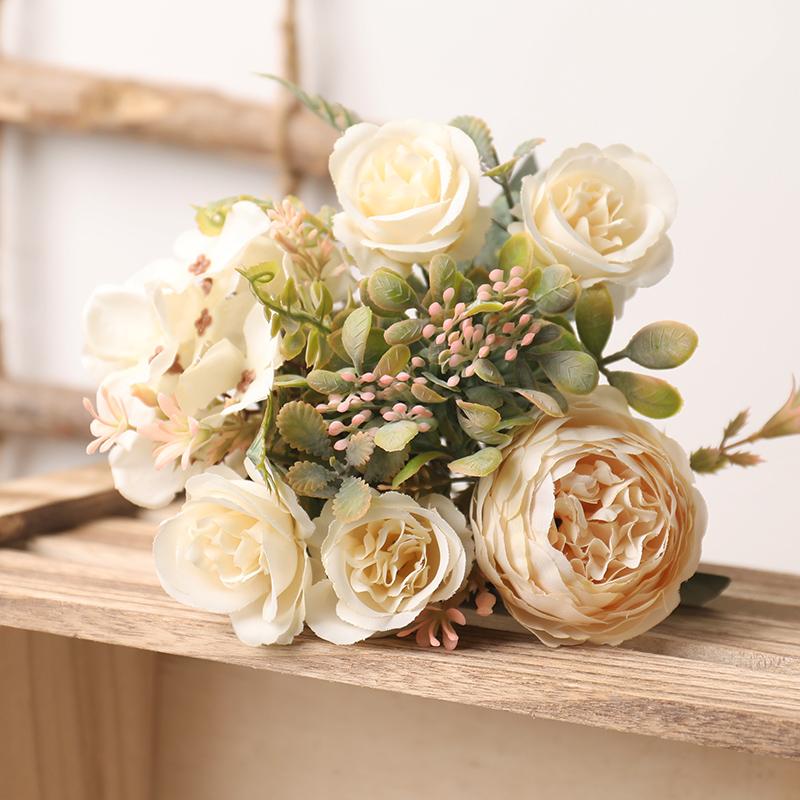 White Silk Artificial Roses Flowers Wedding Home Autumn Decoration High Quality Big Bouquet Luxury Fake Flower Arrangement Bulk KTY