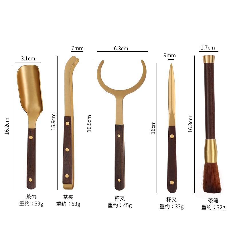 Brass Tea Ceremony Tools Set With Wooden Handle - Tongs Spoon Knife Brush Fork Gongfu Accessories