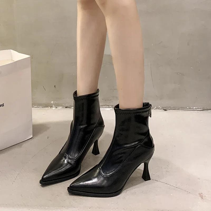 Fashion 2025Women Slim Ankle Boots Fashion Elegant Pointed Toe Soft Leather Shoes Thin High Heel Autumn Winter  Morder Short Booties
