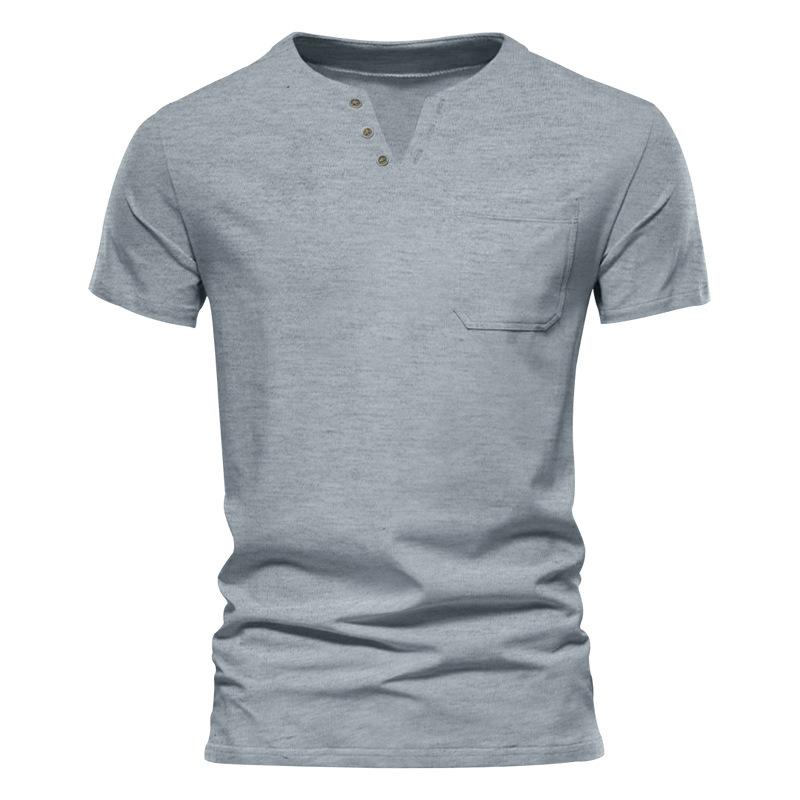 Summer Casual T-shirt Men's Fashion Trend Sports Slim Solid Color V-neck Pocket Men's Top