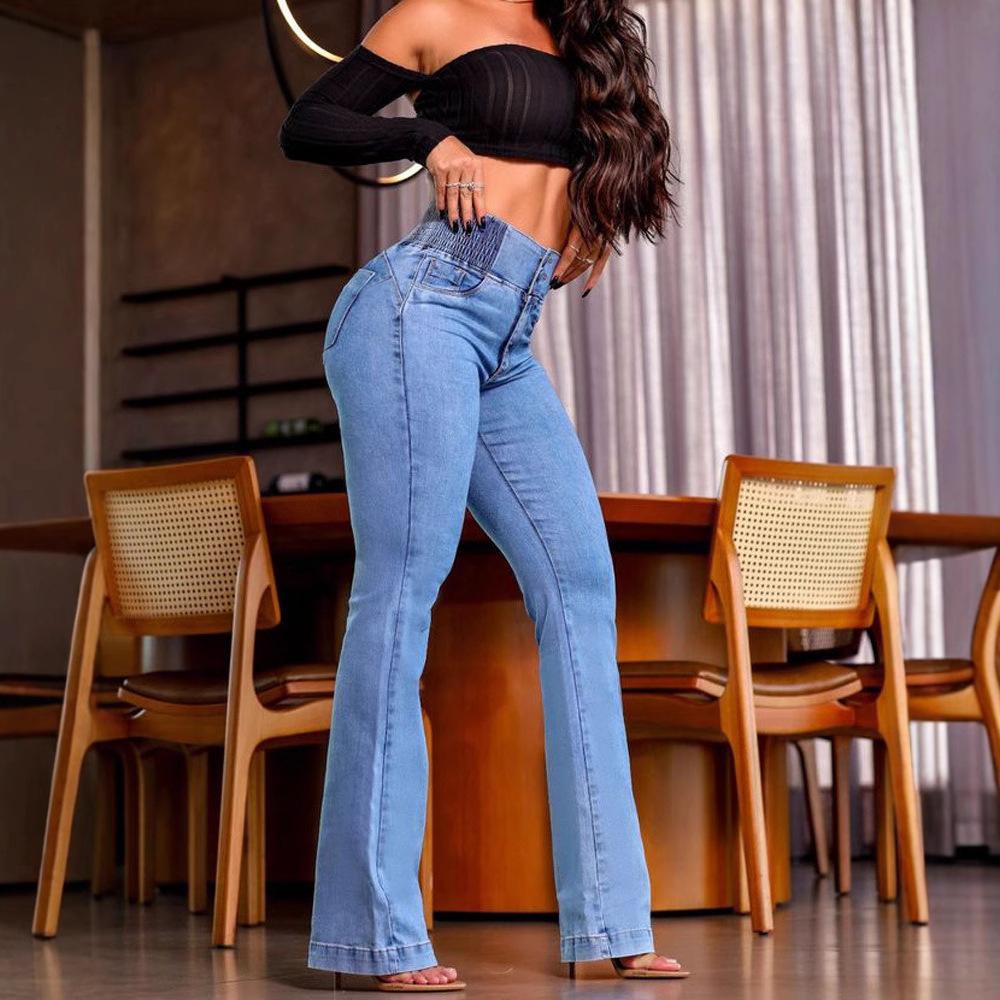 Pantaloni da Donna Sexy Eleganti Moda Casual Fondo con Bottone Posteriore Frontale a Vita Alta Jeans