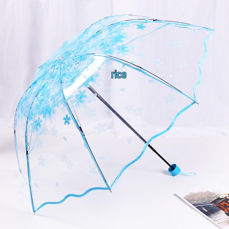 Japanese Forest Style Transparent Cherry Blossom Umbrella with Arched Long Handle for Students