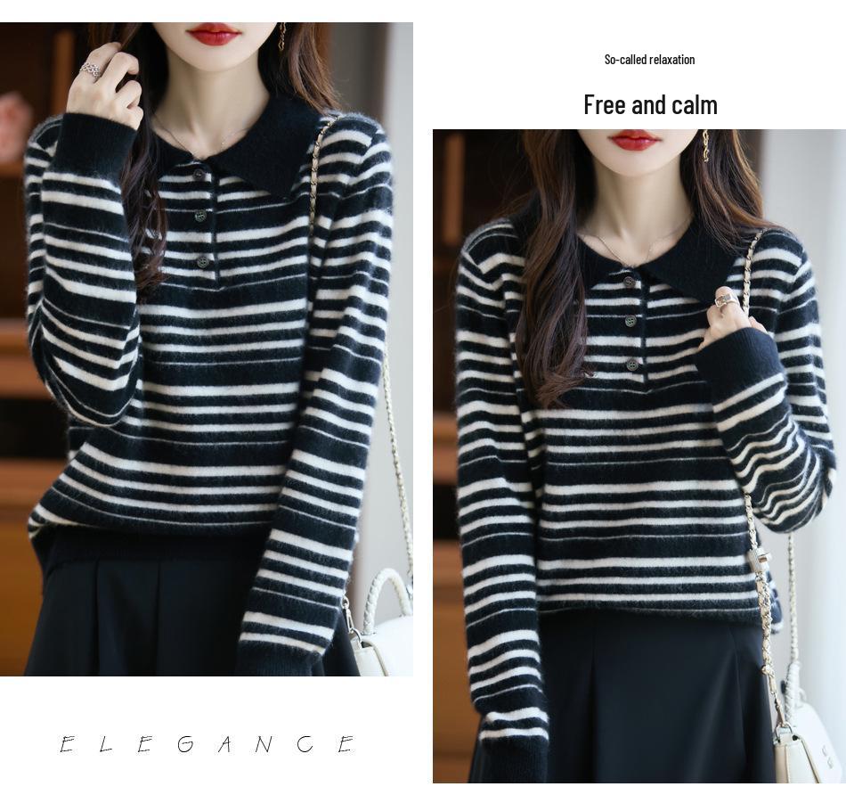 Retro Striped 100% Wool Polo Sweater - Elegant Slimming Knitwear for Women