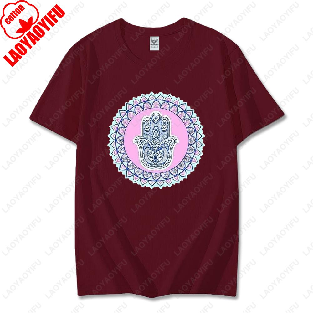 Blue Hamsa Hand Spiritual Protection Cotton Tops for Men Women Namaste Mandala Graphic Regular Short Sleeve Funny Casual Tshirt