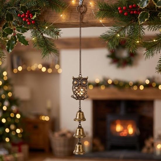 Pastoral Style Wind Bells Vintage Metal Owl Chime with 3 Bells, Hollow Hanging Ornament, Retro Bronze Ornaments Pendant for Garden Patio Balcony