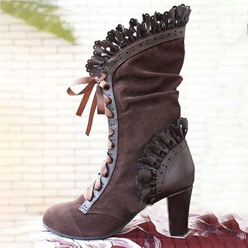 Damen High Heel Stiefel Steampunk Sexy Leder Wildleder Herbst Vintage Winter Schnürung Cosplay Stiefel