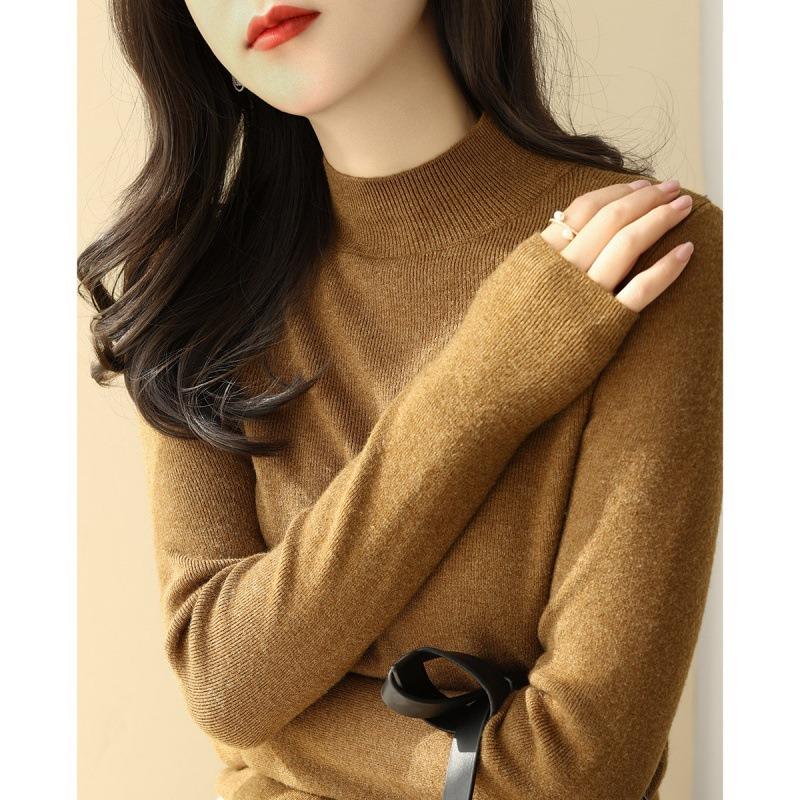 Black Knitted Bottoming Shirt Women's Spring and Autumn New Slim-fit Semi-turtleneck Long-sleeved Solid-color Inner Sweater