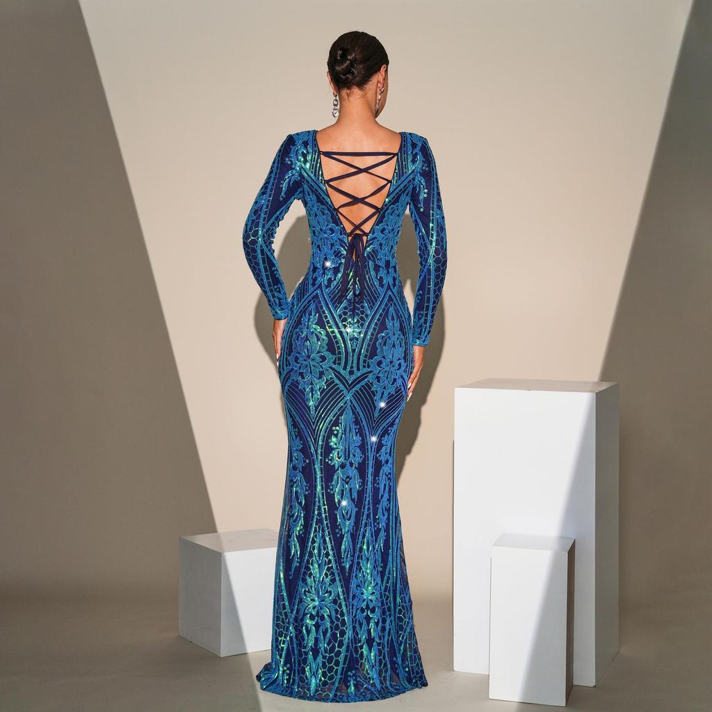 Vestido de Noche Elegante Europeo y Americano de Manga Larga con Lentejuelas y Malla para Dama de Honor