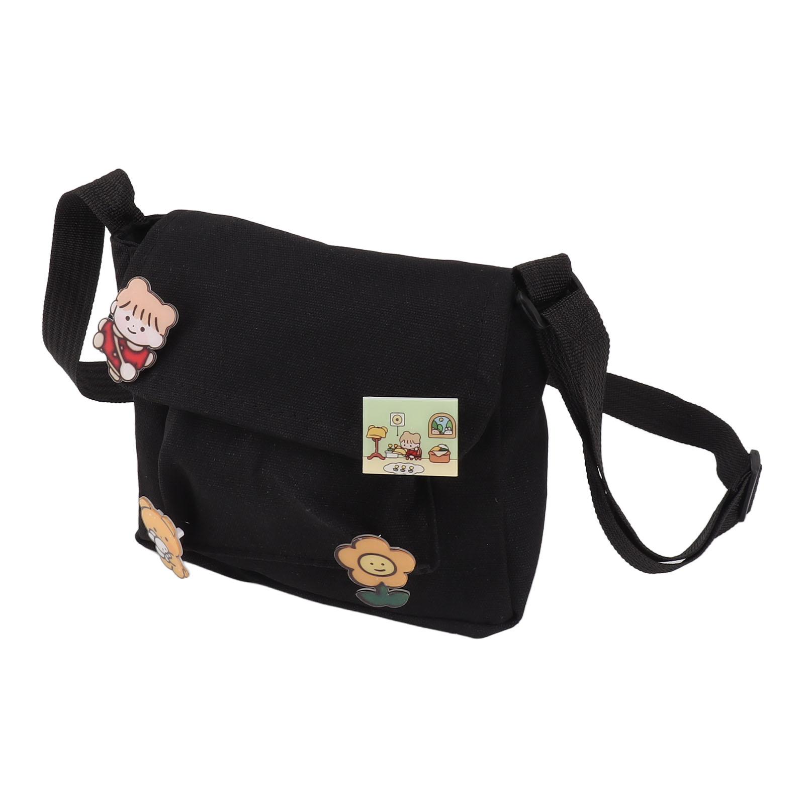 Cute Canvas Messenger Bag with 4 Pins Adorable Style Multi Pockets All Match Shoulder Messenger Bag for Women Black 687₽