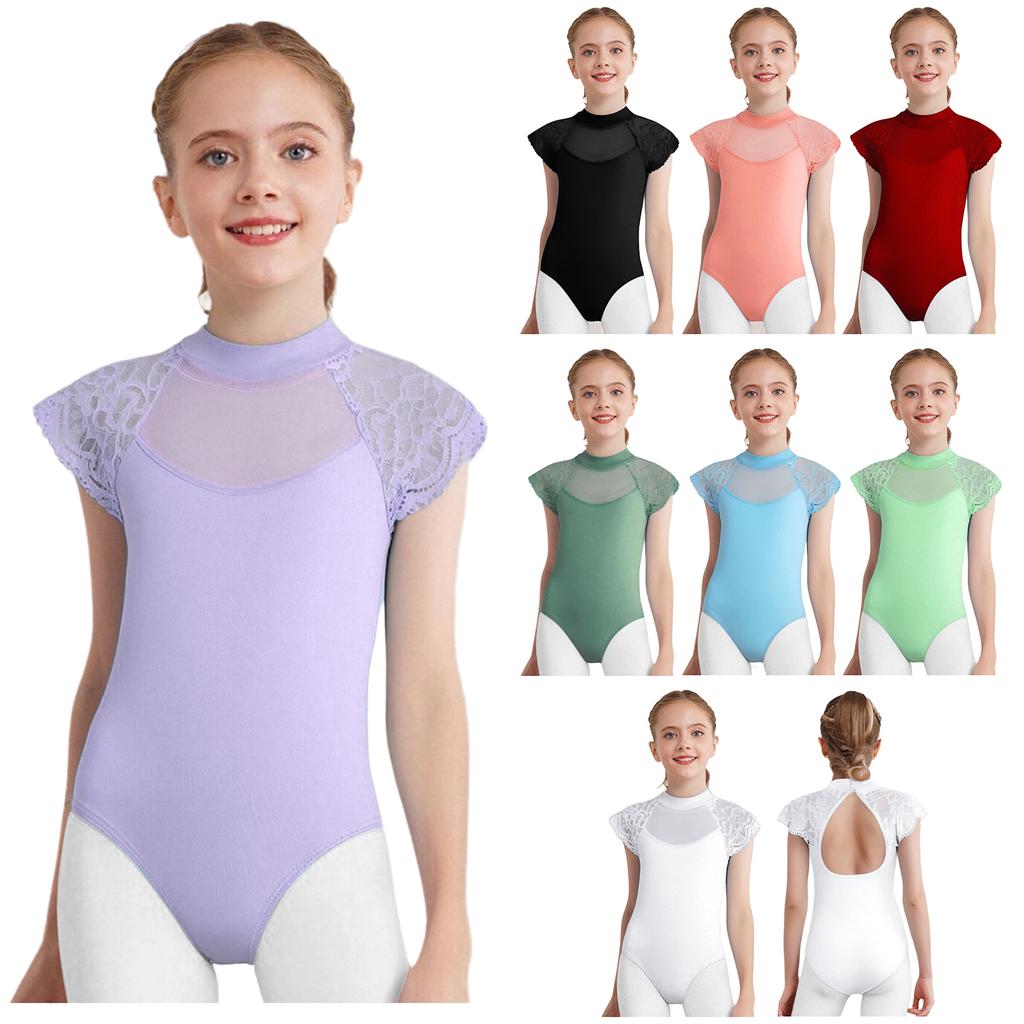 Girls Lace Cap Sleeves Dance Leotard Sheer Mesh Patchwork Cutout Bodysuit for Ballet Practice Exam