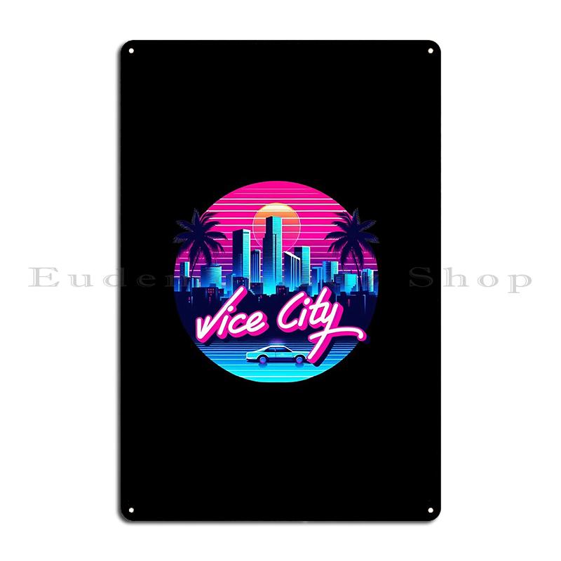 Nacht in Miami: Vaporwave-Vibes Oldtimer in Vice City Metalldekoration Clubparty Malerei Dekor Kino Blechschild Poster