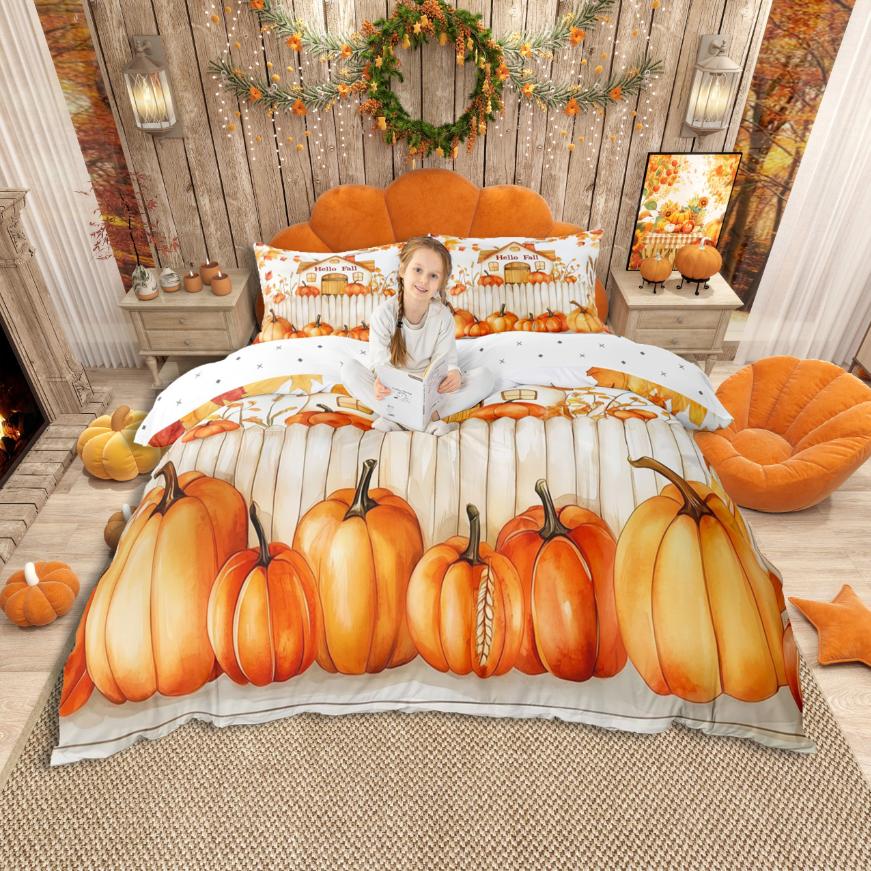 Homewish Happy Fall Duvet Cover SetRustic Pumpkin Maples Bedding SetPet Dogs Bed Set For ChildrenBreathable Home Decor