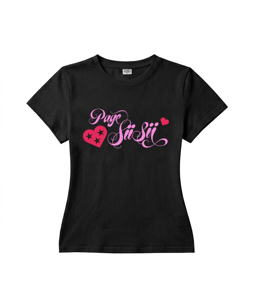 PAGESIISII Star Heart Lettering Print Slim Fit Short Sleeve T-Shirt Black