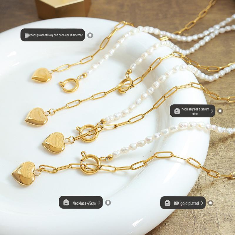 Elegant Heart Pendant Necklace with Natural Freshwater Pearl and Clavicle Chain
