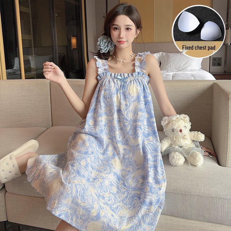 

Women s Cute Sweet Princess-Style Summer Nightdress with Chest Pads, Medium-Long, Loose-Fit, Sling Design - Ideal as Lounge Wear XL