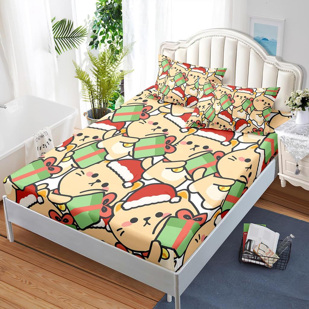 Cute Christmas Cat Pattern Bed Hat Four-Piece Bedding Set Bedroom Dormitory Bedding Decoration