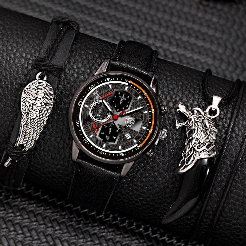 

3PCS Set Fashion Mens Calendar Watches Male Business Casual Black Leather Quartz Watch Men Necklace Bracelet Wrist Watch