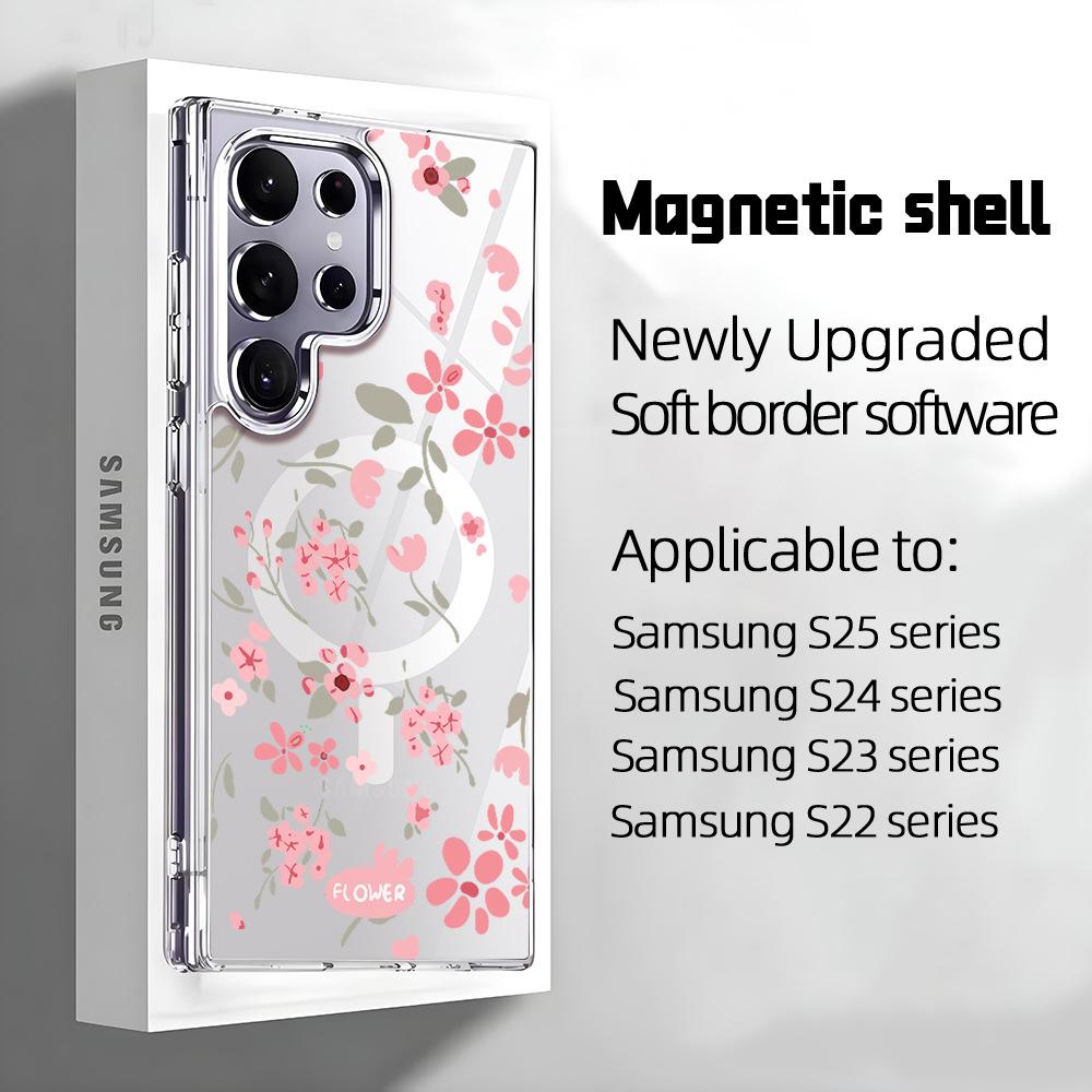 Shrimp Skin Explosion Samsung Transparent Magnetic Mobile Phone Case S25Ultra Pink Flower Mobile Phone Case S22 + Hard Case