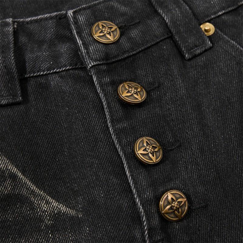 Mens Flared Denim Pants Punk Style Washed Distressed Jeans Button Fly Casual Trousers