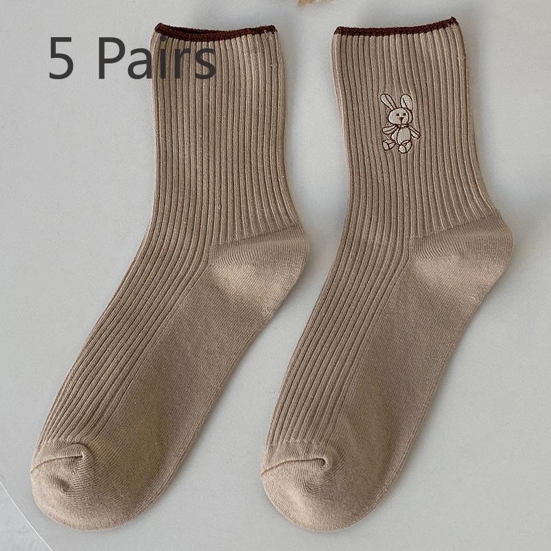 5 Paar Damen Herbst und Winter Neue Baumwolle Lieblich Einfarbig Dünne Streifen Stickerei Hase In Der Röhre Frotteesocken