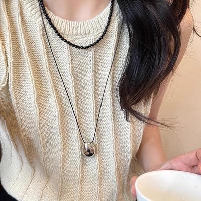 2024 High-End Black Beaded Necklace with Silver Pendant and Leather Clavicle Chain