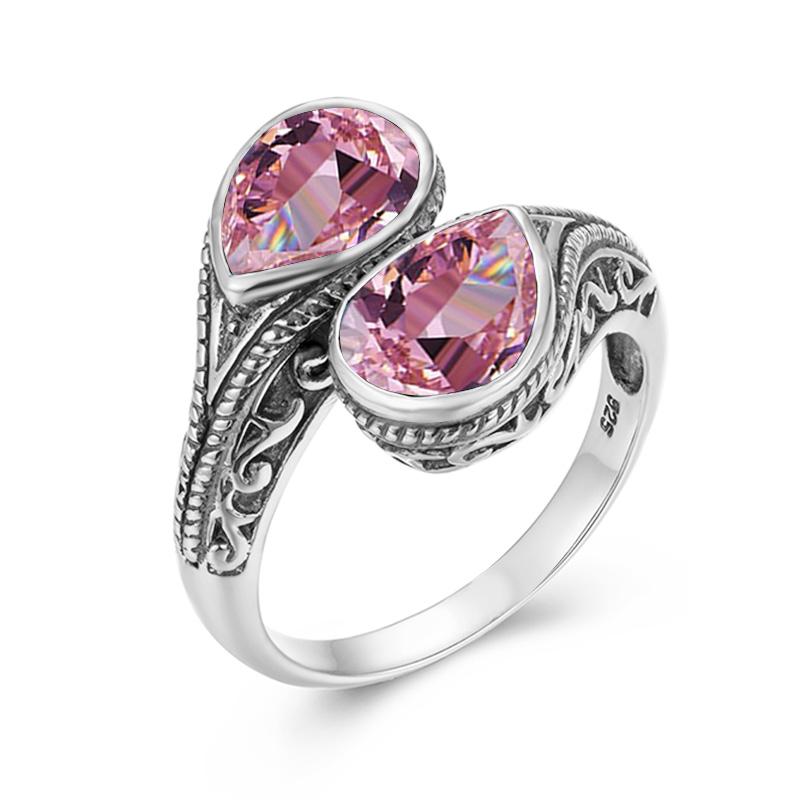 

2 камня Настоящее серебро 925 пробы Женское розовое хрустальное кольцо Винтажные ювелирные изделия Слеза Капля Свадебная Юбилейная Вечеринка Женская