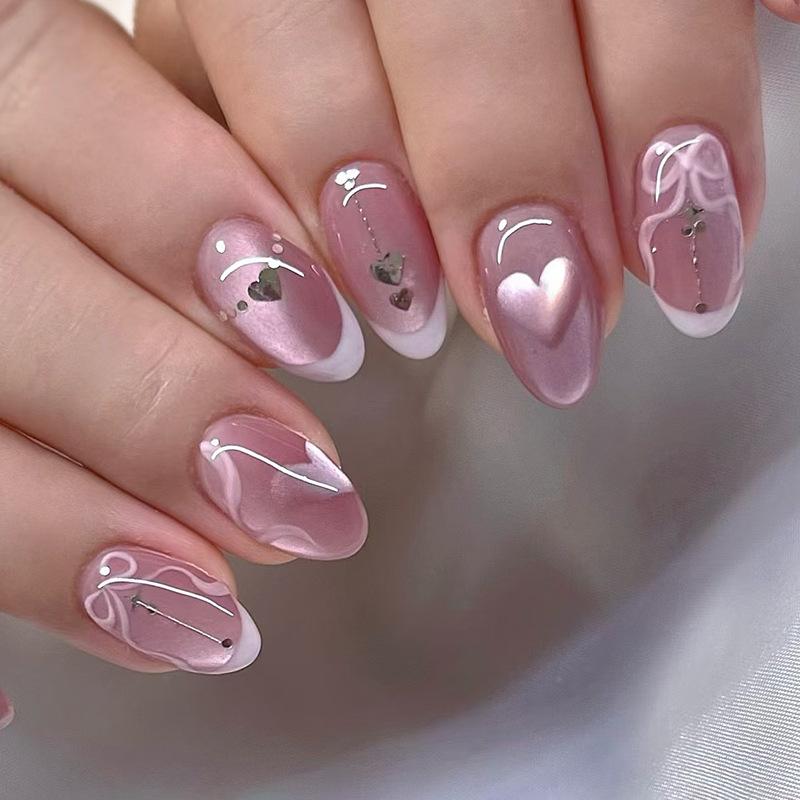 24pcs Glossy Red Cat's Eye Press On Nails Full Cover Nude Wearable Almond False Nails Charms Detachable Fake Nail For Girl