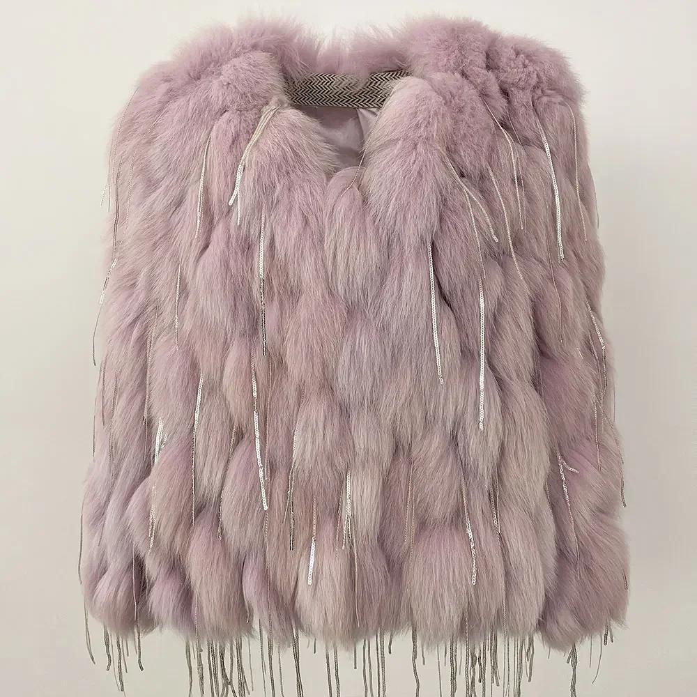 

OFTBUY Зимняя теплая шуба из натурального меха лисы, плетеное пальто, женское с V-образным вырезом, роскошное свободное уличное повседневное натуральное меховое пальто One Size фиолетовый