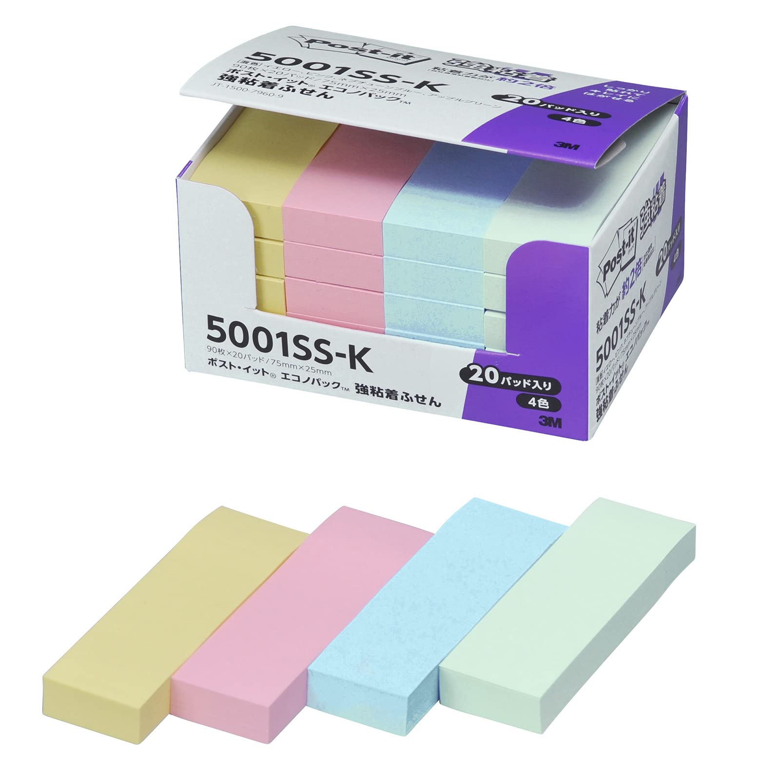 

Сильно клейкая липкая пастель 75 x 25 90 листов x 20 Post-it Notes, заметки, цвета, мм, книги, 5001SS-K