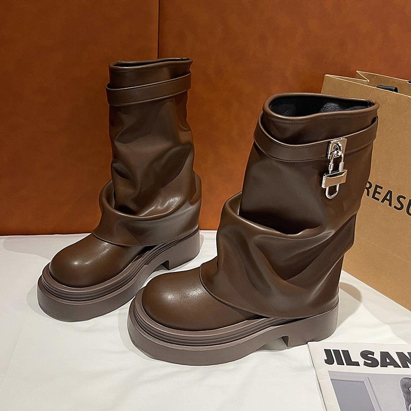 

Internet celebrity medium boots women s 2025 autumn new foreign retro trend Martin boots versatile thick-soled trouser tube boots 40
