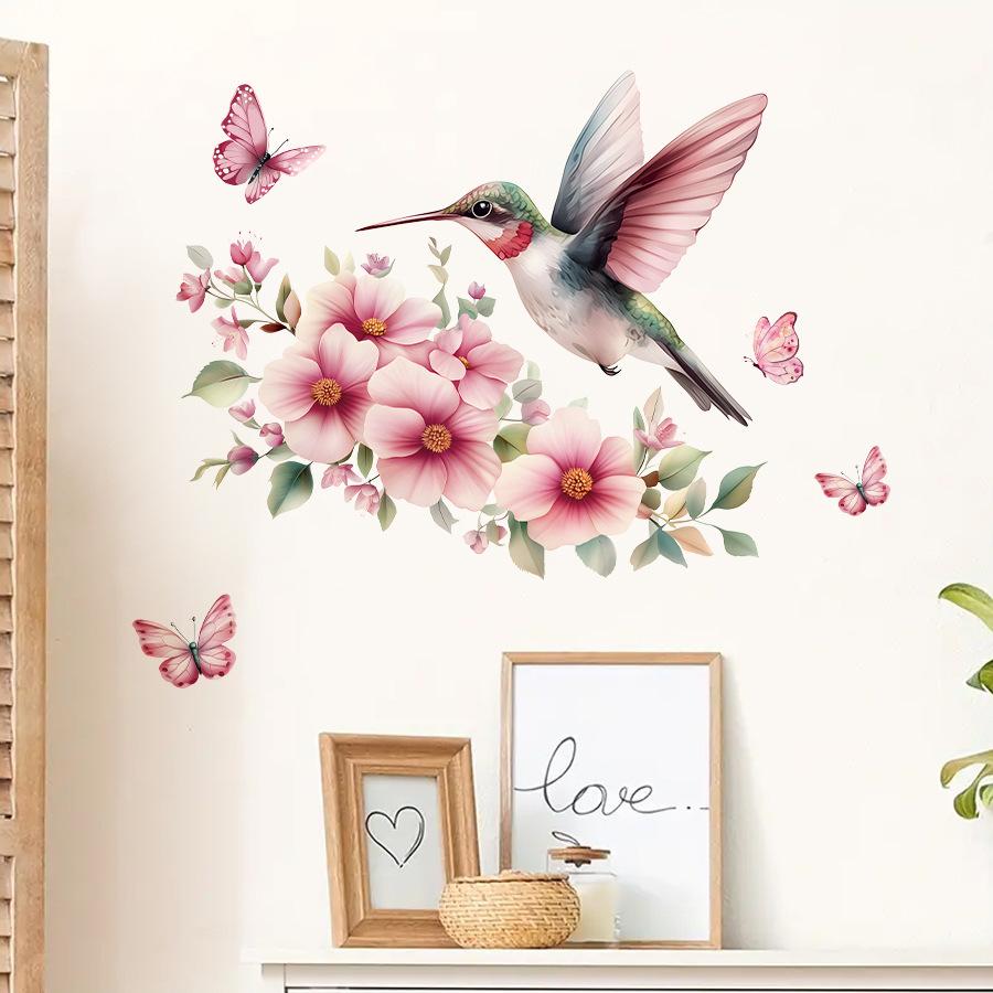 Fresh Watercolor Hummingbird Butterfly Peach Blossom Branch Wall Stickers, Self-Adhesive Decor for Bedroom Bathroom Decoration