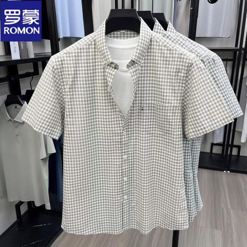 ROMON Men s Summer Plaid Cotton Short-Sleeve Shirt 4XL