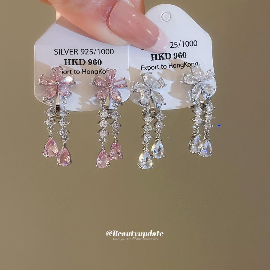 Elegant Zircon Flower Teardrop Tassel Ear Clips for Non-Pierced Ears - Chic European/American Style Earrings with Luxury Appeal