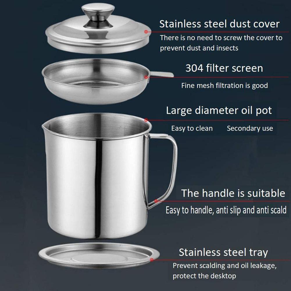 1.3L Filtro de Óleo Pote de Aço Inoxidável Frascos de Filtro de Malha Fina Grande Capacidade Tanque de Banha Coador de Óleo Dispensador Organizador de Cozinha