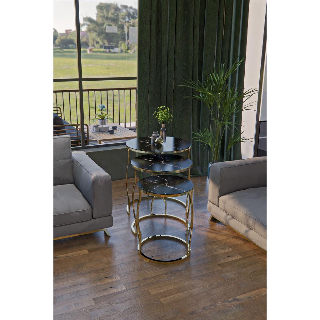 Rya 3-seat Nesting Coffee Table Gold Color Metal Leg, Marble Patterned Shatterproof Glass