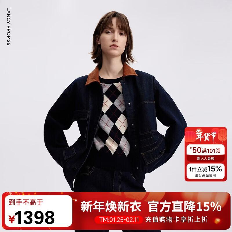 

LANCY Women s Retro Color-Block Turn-Down Collar Short Jacket XL