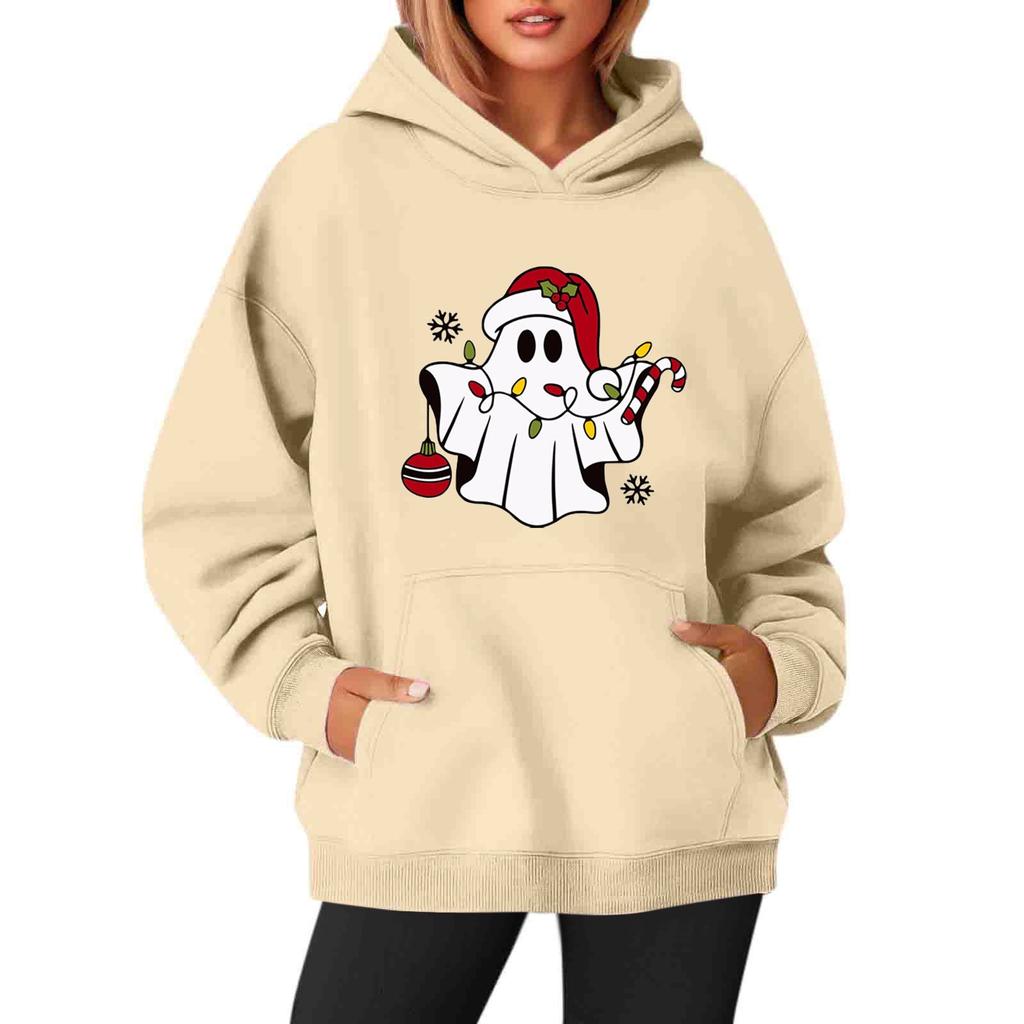 Women's Sweatshirts O-neck Long Sleeve Christmas Printed Top Solid Color Hoodie