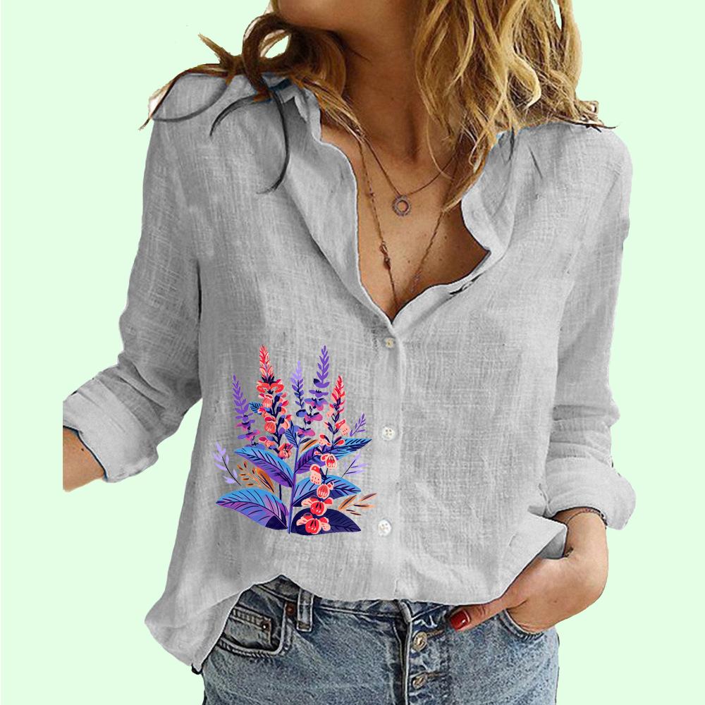 Women Fashion Button-up Shirt Summer&fall Cotton Linen Floral Print  Top Ladies Casual  Long Sleeve Blouse