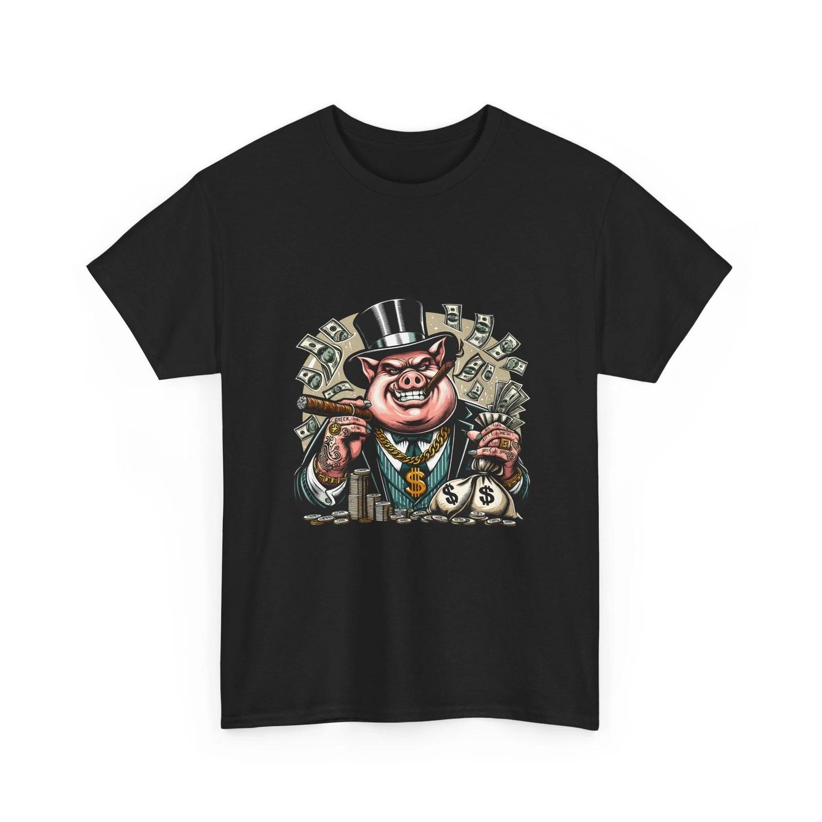 Cartoon Money Pig Boss T-Shirt | Pig in Top Hat Holding Cash, Money Streetwear 2XL