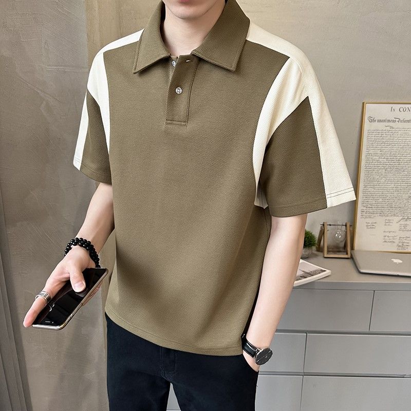 

Men Clothing Summer Fashion Contrast Color Patchwork Breathable Polo T Shirt Male Simple Casual Short Sleeve Loose Cotton Tops L білий