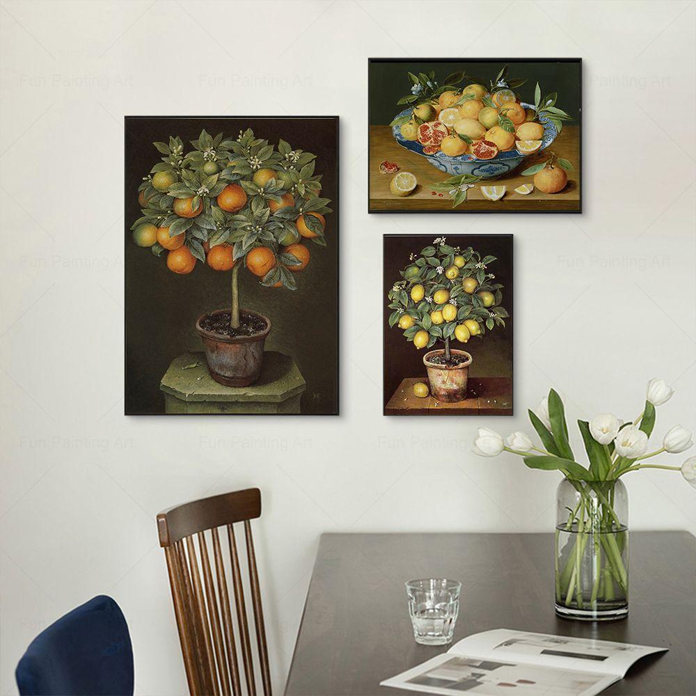 Vintage meyve ağacı natürmort tuval boyama şeftali nar elma limon portakal baskılar posterler duvar sanat resmi mutfak dekoru