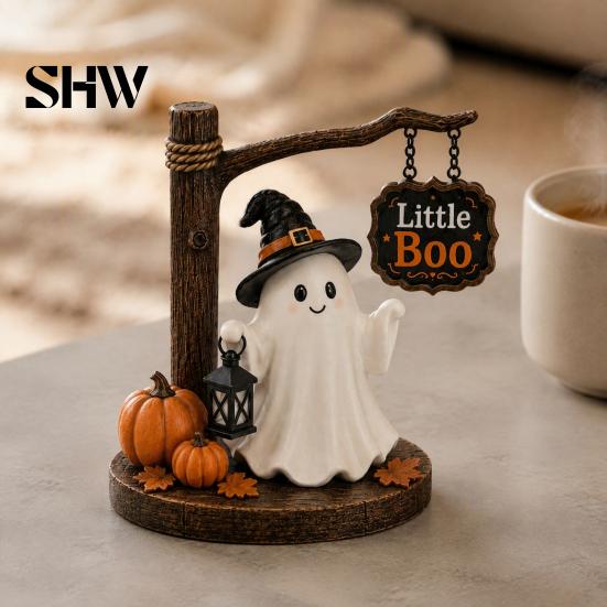 Unique Birthday Gifts for Friends Cute Ghost Figurine with Witch Hat, Resin Halloween Tabletop Decor, Little Office Desk Spooky Decor Boo Statue Fall