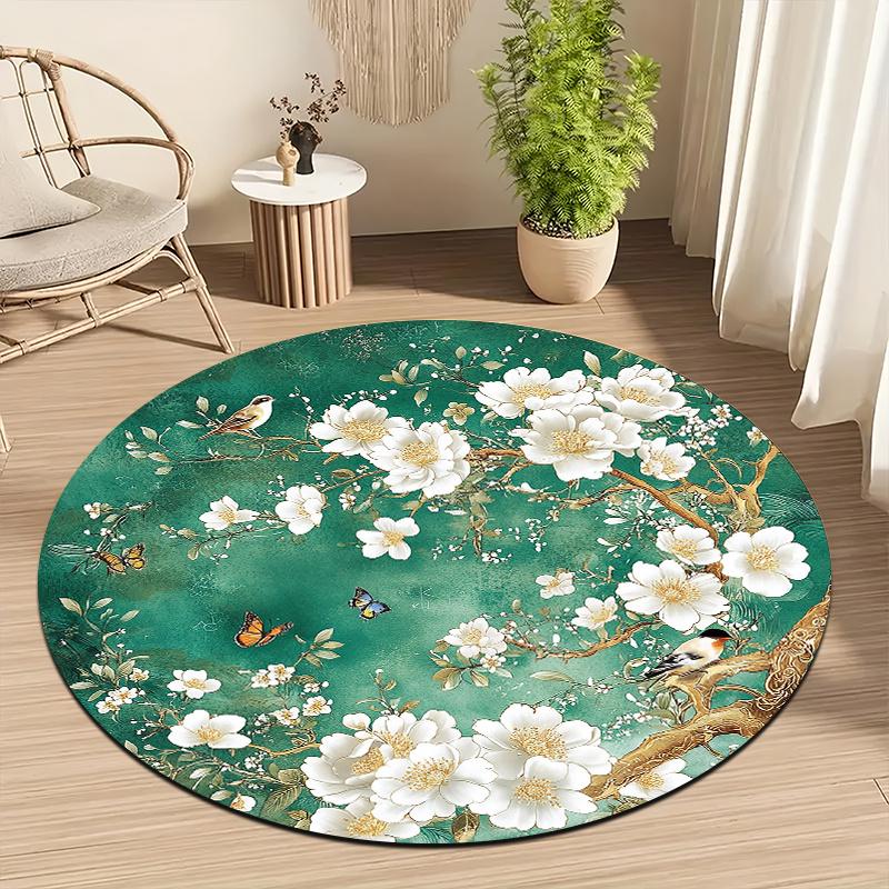 Graceful white flowers & birds Flannel-printed round floor mats are slip-resistant Suitable living room terrace garden carpets