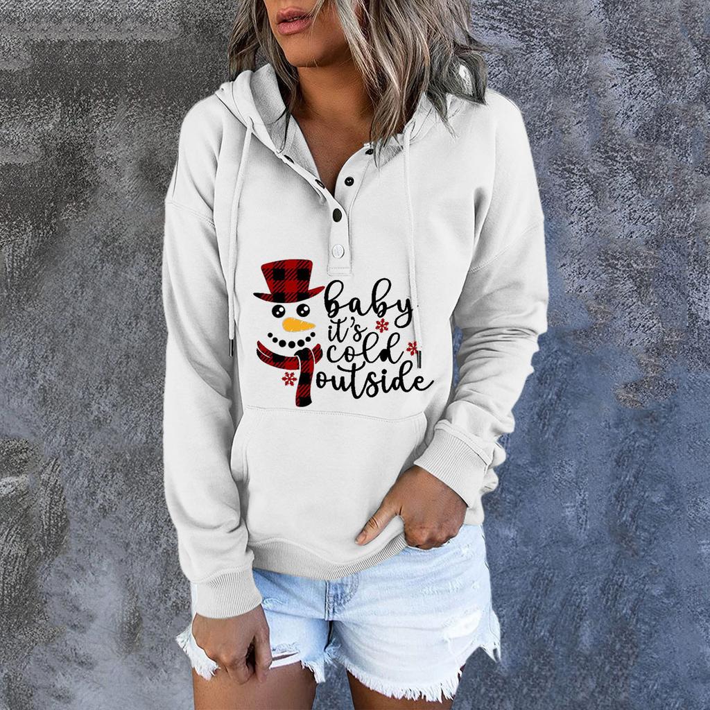 Women  Winter Casual Christmas Fashion Print Hooded Button Sweatshirt
