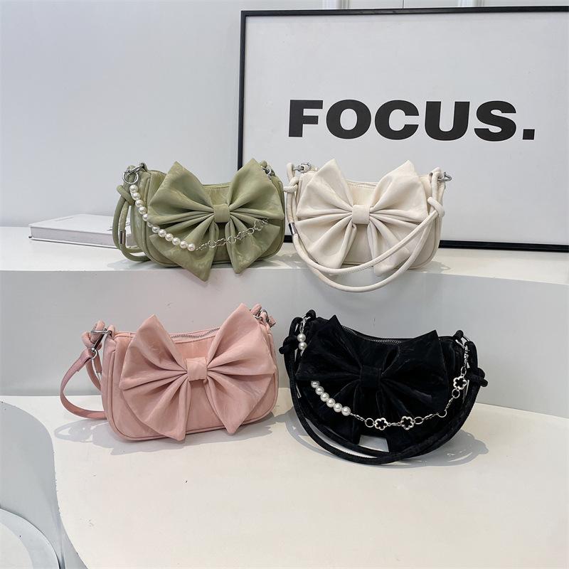Bow bag women's fashion new pearl chain messenger bag fashionable simple sweet texture shoulder bag