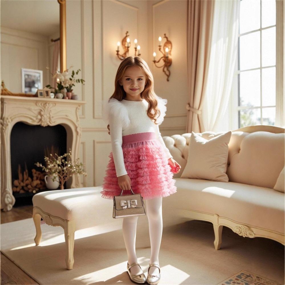 3-7Y Girls' Long-Sleeve T-Shirt + Skirt Children's Half-Skirt Spring/Fall Princess Tulle Skirt Long-Sleeve T-Shirt Puffy Skirt Set