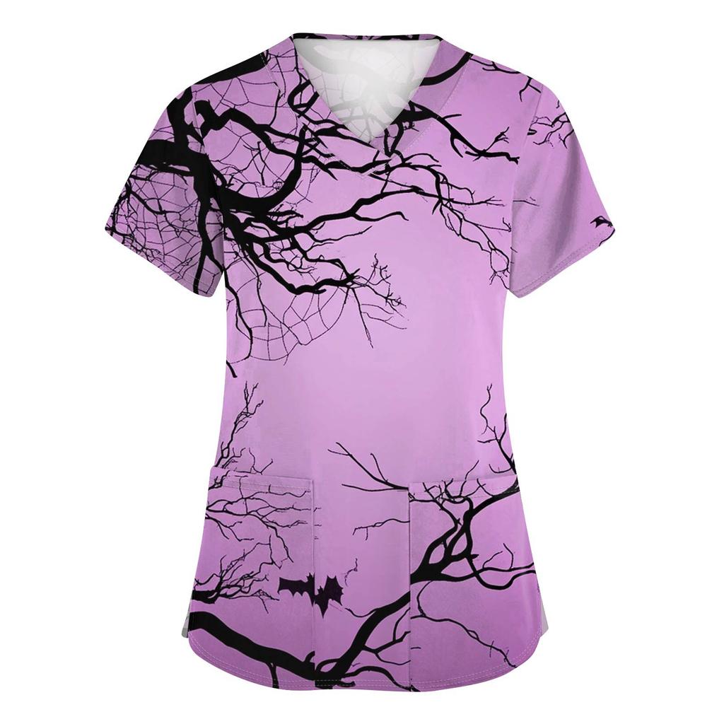 Women's Fashion V-neck Short-sleeved Work Uniform With Pockets, Halloween Print Top
