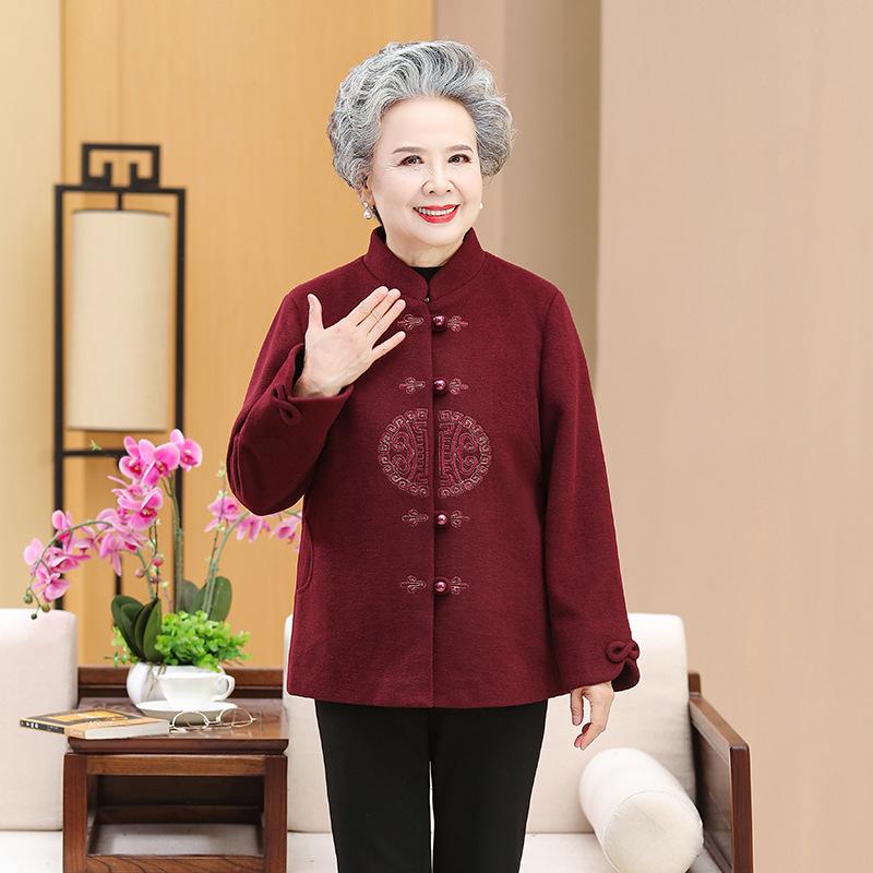 Spring and Autumn Wool Coat for Elderly Women: Elegant Tang Suit for 70-Year-Old Moms and Grandmas